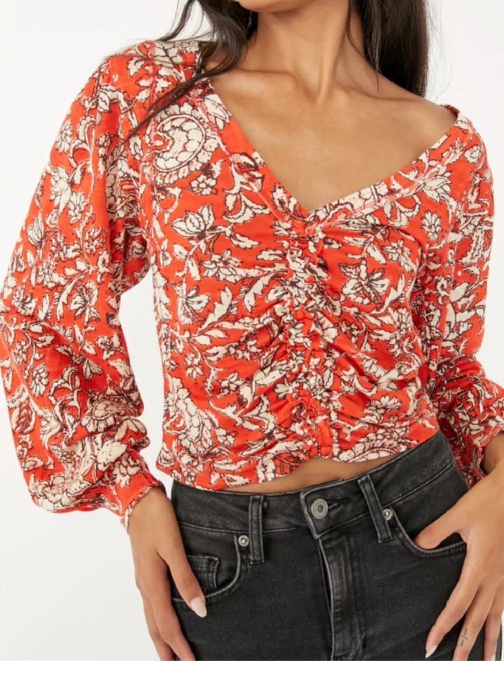 Free People Say The Word Boho Peasant Floral Top Red Orange Size Small